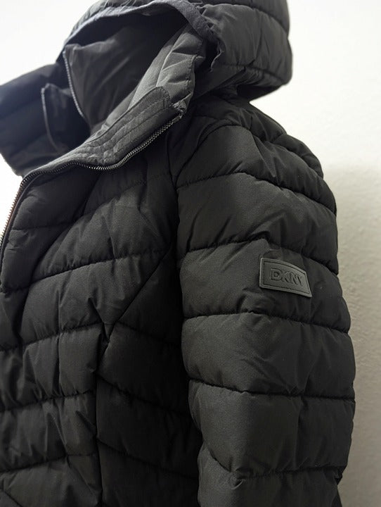 DKNY Women's Black Bibbed Hooded Lightweight Puffer Coat Size L (MSRP $285)