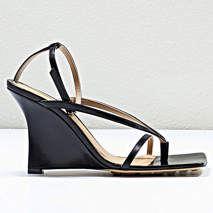 Bottega Veneta Women's Black Stretch Strappy Wedge Sandals Size 36.5 MSRP $1,100