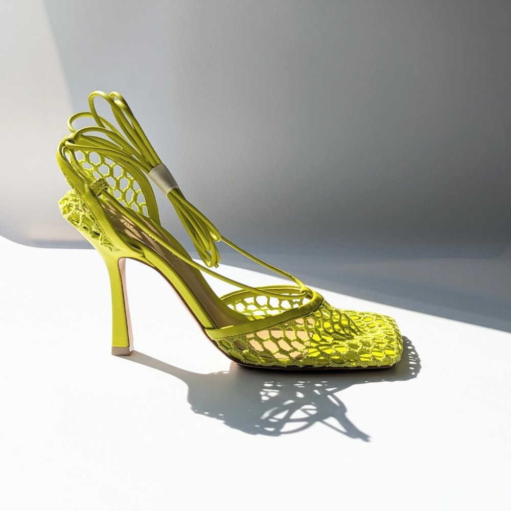 Bottega Veneta Women's Mesh High Heel Stretch Sandals Kiwi Size 36.5 MSRP $1,100