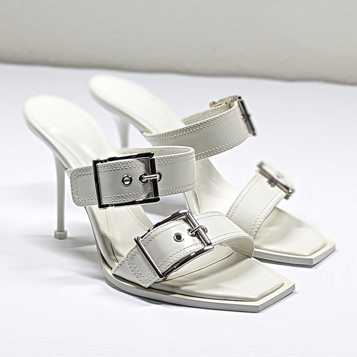 Alexander McQueen Women's White Double Buckle Punk Mules Size 41 (MSRP $1,090)