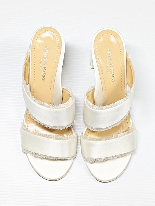 Marion Parke Cecilia Women's White Satin Fringe Heel Sandals Size 40 (MSRP $575)