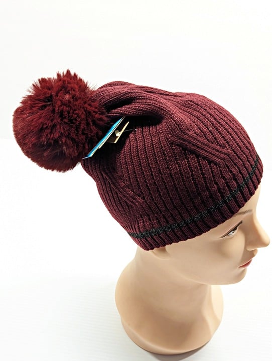 Isotoner Signature Women's Plum Reflective Stripe Pom Beanie O/S (MSRP $36)