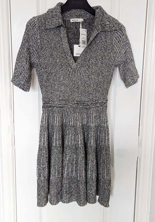 SIMKHAI Patricia Ribbed Short Sleeve Mini Dress Ivory Black Size M (MSRP $445)