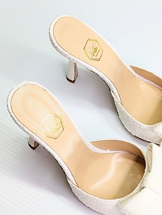 Nalebe Women's Dimante White Glitter High Heel Mules Size 38.5 IT (MSRP $750)