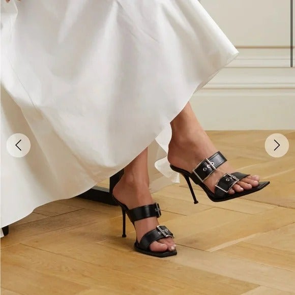 Alexander McQueen Women's Heeled Buckle Black Sandals Size 37 (MSRP $1,090)