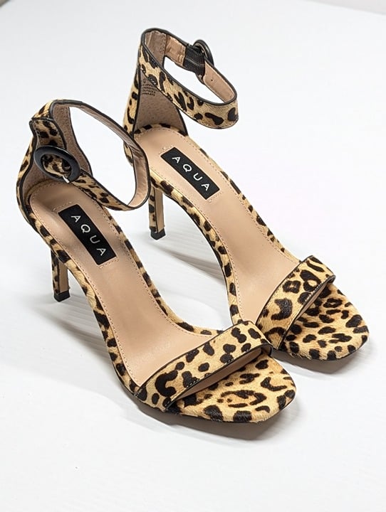 Aqua Women's Seven Leopard Print Calf Hair High-Heel Sandals Size 9.5 MSRP $119
