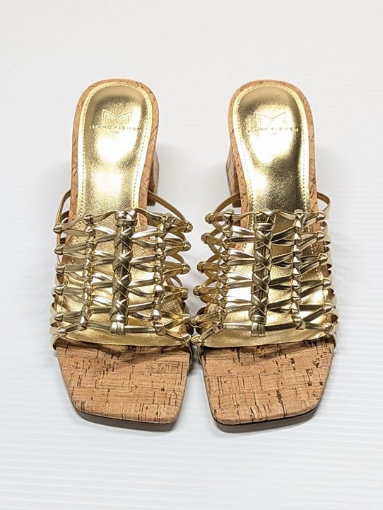 Marc Fisher Women's Colica Leather Knotted Heel Sandals Gold Size 7.5 MSRP $120