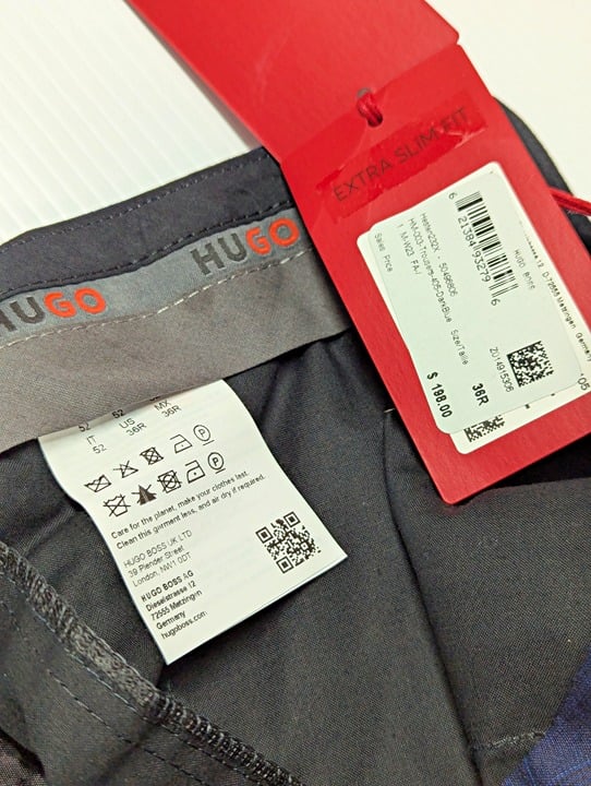 HUGO Hesten Tonal Plaid Extra Slim Fit Suit Pants Dark Blue Size 36R (MSRP $198)