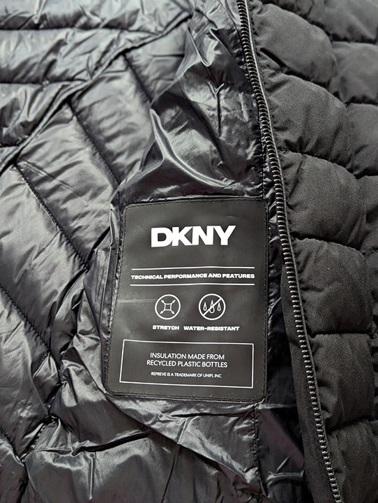 DKNY Women's Black Bibbed Hooded Lightweight Puffer Coat Size L (MSRP $285)