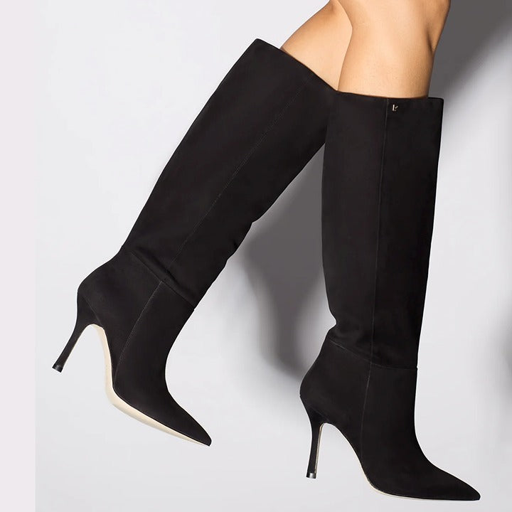 Larroude Kate Heels Boots Black Suede Knee High Stiletto Size 9 (MSRP $525)