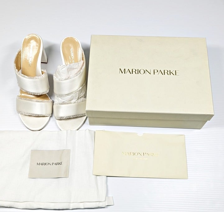 Marion Parke Cecilia Women's White Satin Fringe Heel Sandals Size 40 (MSRP $575)