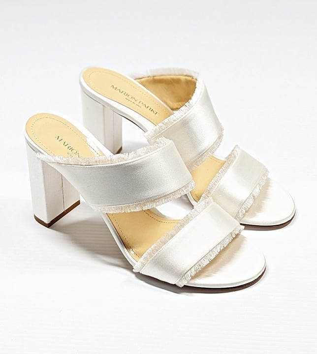 Marion Parke Cecilia Women's White Satin Fringe Heel Sandals Size 40 (MSRP $575)
