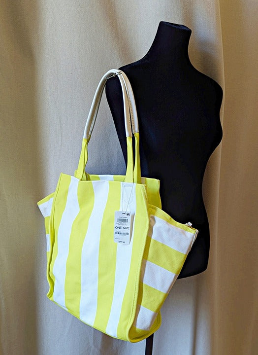 On 34th Cynthiah Extra Large Canvas Shoulder Tote Bag Lemonlime Stripe MSRP $90