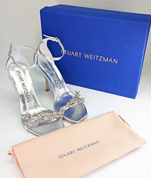 Stuart Weitzman Women's Nudist Vow Crystal Heel Sandals Size 8.5 (MSRP $650)