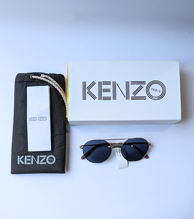 Kenzo KZ40097U Unisex Brow Bar Round Metal Gold & Blue Lens Sunglasses MSRP $180