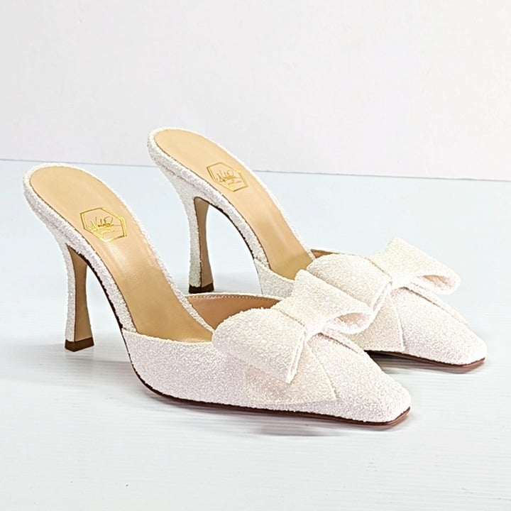 Nalebe Women's Dimante White Glitter High Heel Mules Size 38.5 IT (MSRP $750)