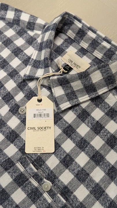 Civil Society Cortez Men's Navy Cotton Check Flannel Shirt Size S (MSRP $79)