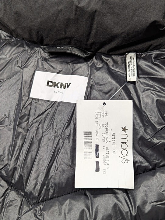 DKNY Women's Black Bibbed Hooded Lightweight Puffer Coat Size L (MSRP $285)