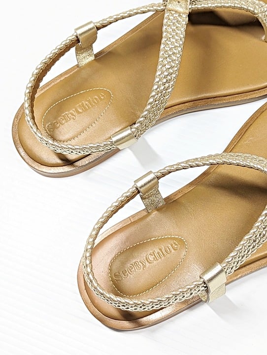 See by Chloé Women's Nola Gold Braided Strap Thong Sandals Size 37 (MSRP $325)
