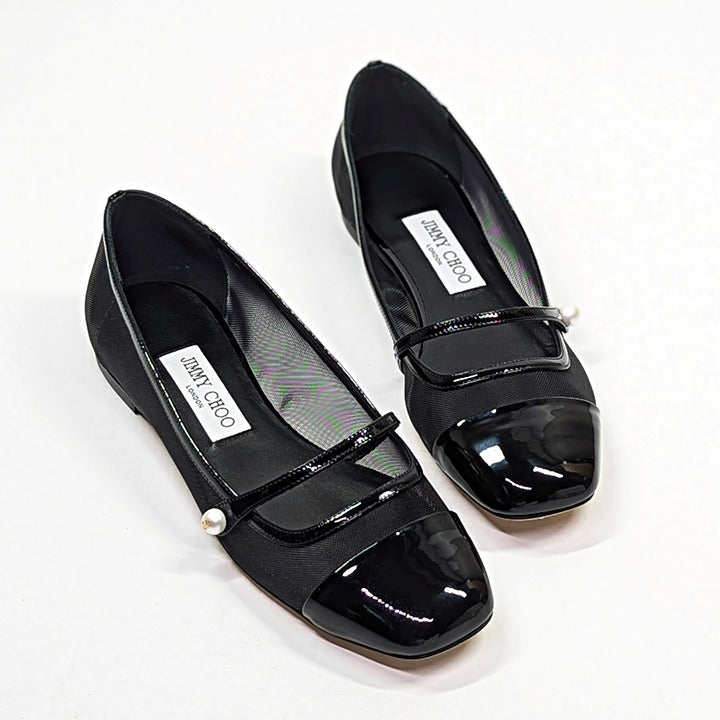 Jimmy Choo Elisa Women's Ballet Flats Patent and Mesh Black Size 38 (MSRP $795)