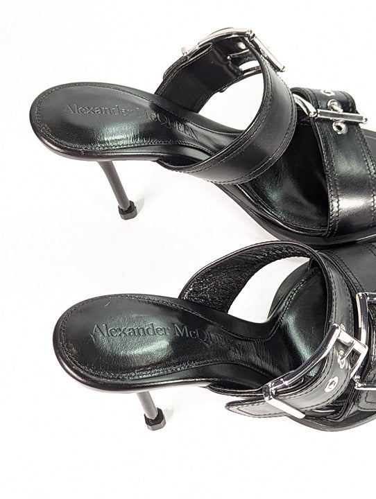 Alexander McQueen Women's Heeled Buckle Black Sandals Size 36.5 (MSRP $1,090)