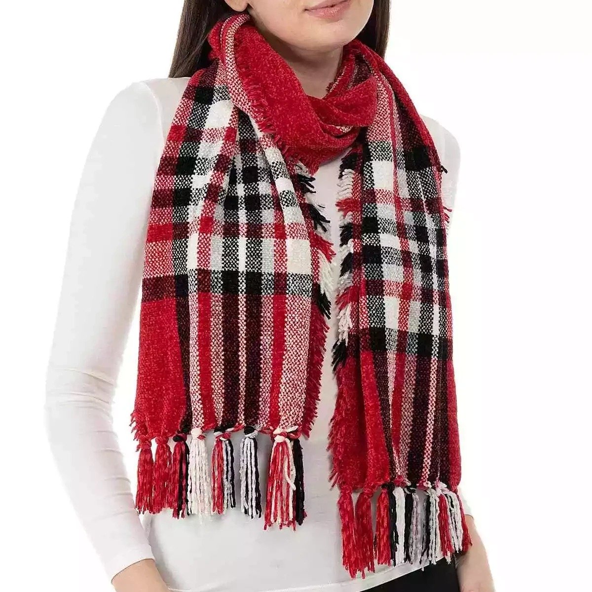 Charter Club Women's Red Chenille Plaid Scarf O/S (MSRP $30)