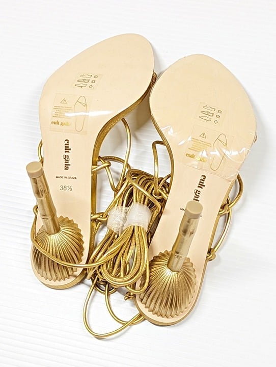 Cult Gaia Women's Soleil Lace Up High Heel Sandals Gold Size 38.5 EU (MSRP $388)