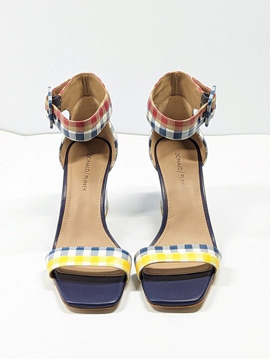 Donald Pliner Women's Watson Gingham-Print Leather Heel Sandal Size 9 MSRP $198