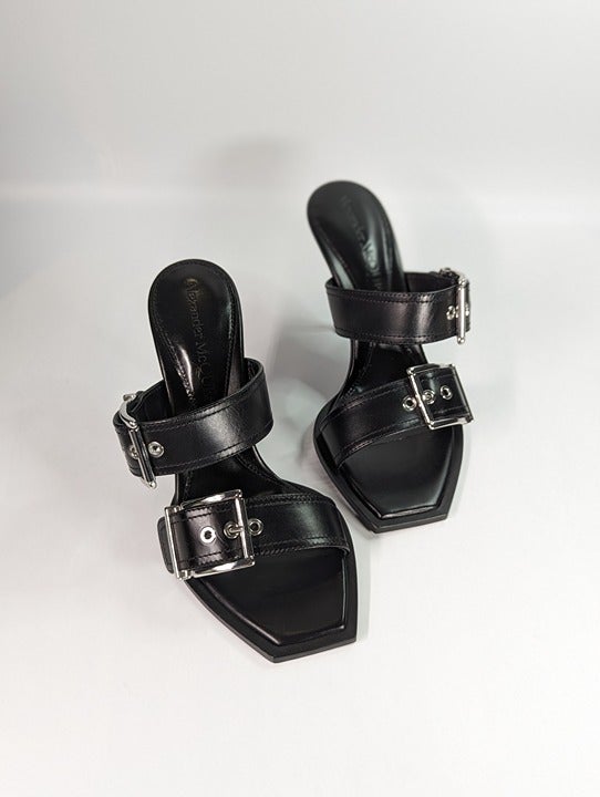 Alexander McQueen Women's Heeled Buckle Black Sandals Size 37 (MSRP $1,090)