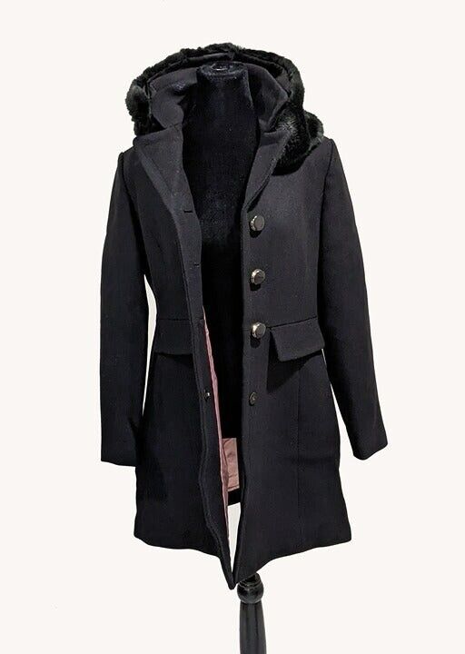 Kate Spade Double Breasted Faux Fur Trim Coat Black Size S MSRP $358
