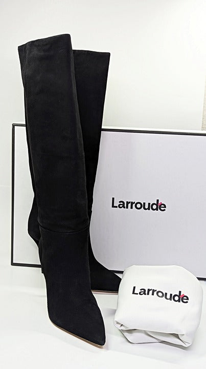 Larroude Kate Heels Boots Black Suede Knee High Stiletto Size 9 (MSRP $525)