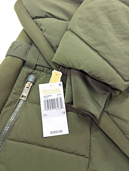 Michael Kors Women's Plus Size Belted Olive Hooded Puffer Coat Size 1X MSRP $350