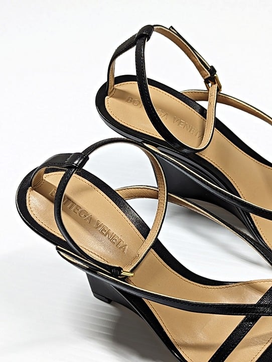 Bottega Veneta Women's Black Stretch Strappy Wedge Sandals Size 39 (MSRP $1,100)