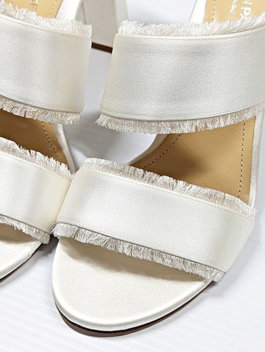 Marion Parke Cecilia Women's White Satin Fringe Heel Sandals Size 40 (MSRP $575)