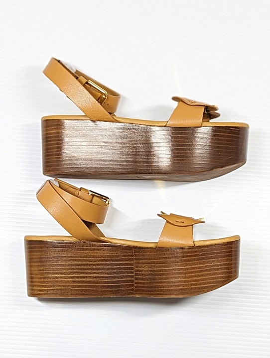 See by Chloé Women's Chany Logo Tan Wedge Platform Sandals Size 37 (MSRP $495)