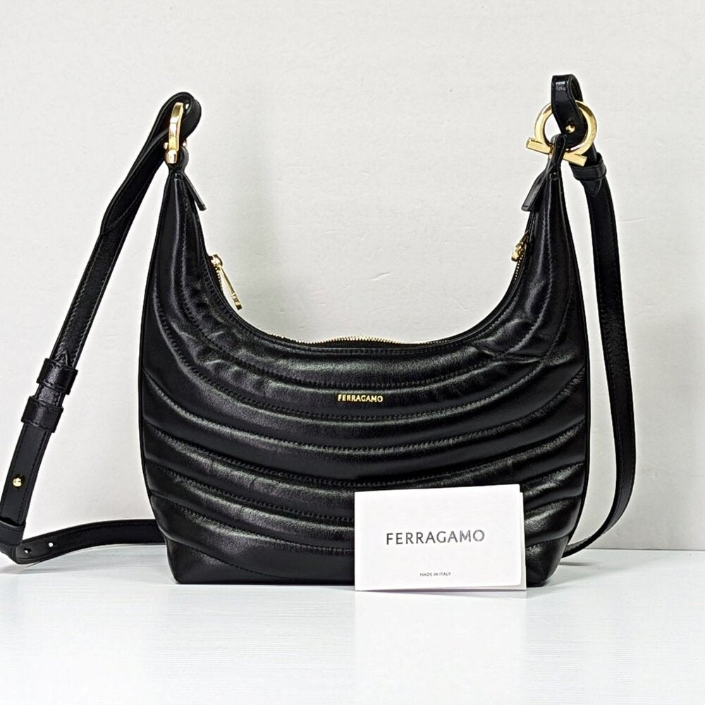 Ferragamo Rainbow Quilted Black Leather Hobo Crossbody Bag (MSRP $1,650)