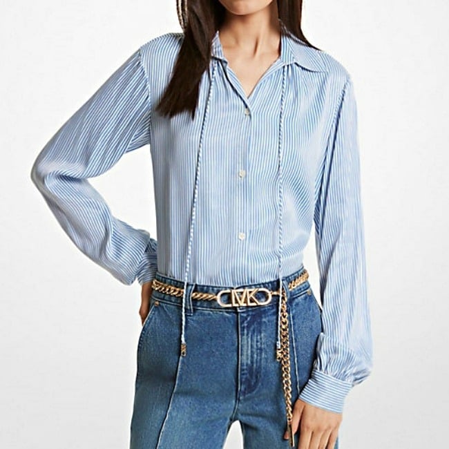 Michael Kors Women's Pinstriped Satin Blouse Blueberry Size S (MSRP $195)