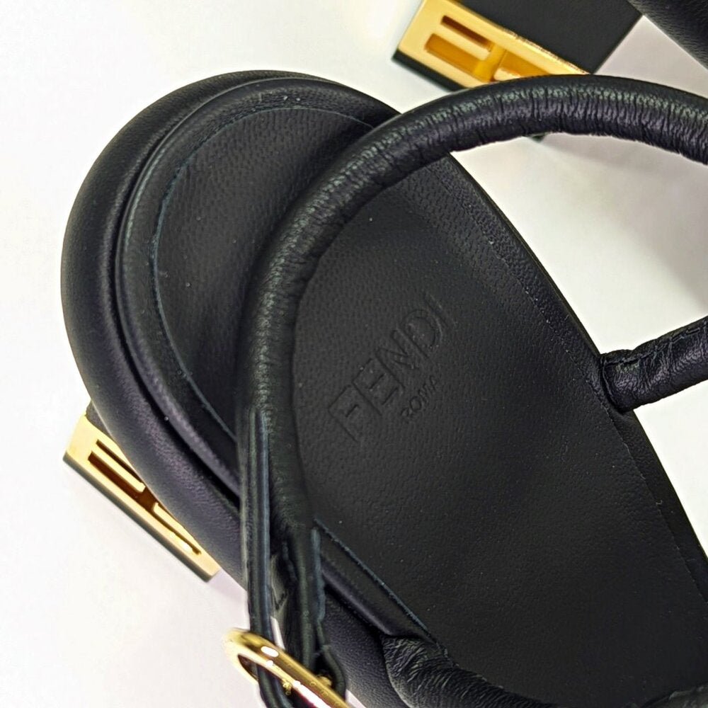 Fendi Women's Baguette Heeled Sandals Nero Nappa Leather Size 37 (MSRP $1,190)