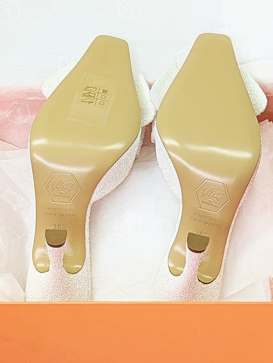 Nalebe Women's Dimante White Glitter High Heel Mules Size 38.5 IT (MSRP $750)