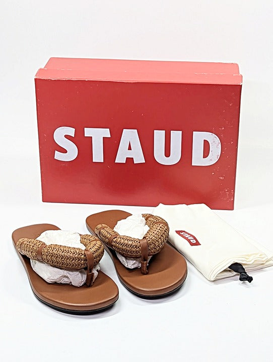 STAUD Women's Raffia Sierra Thong Sandals in Tan Size 37 (MSRP $250)