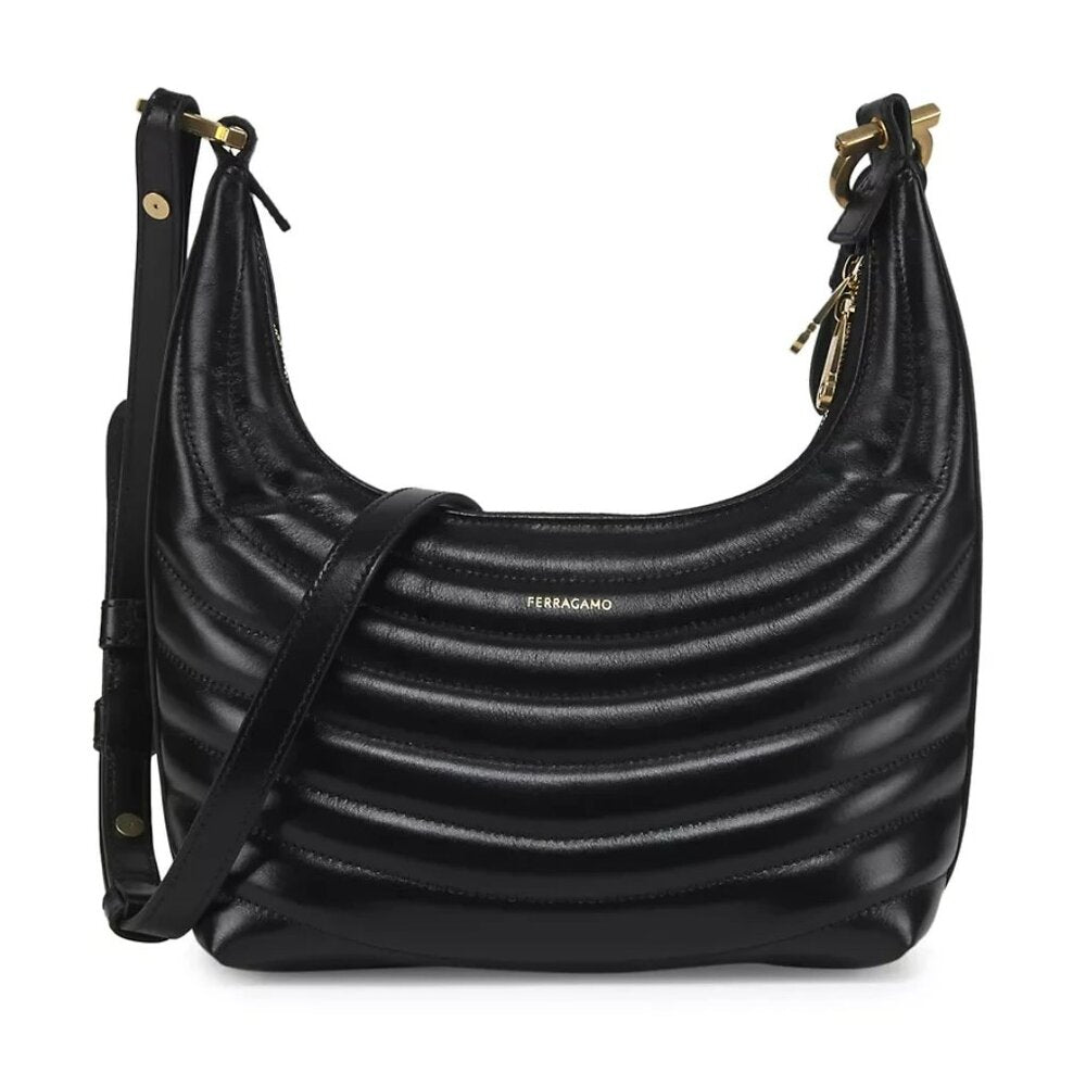 Ferragamo Rainbow Quilted Black Leather Hobo Crossbody Bag (MSRP $1,650)