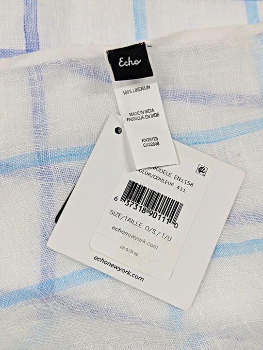Echo Women's Grid Print Linen Fringe Scarf O/S (MSRP $79)