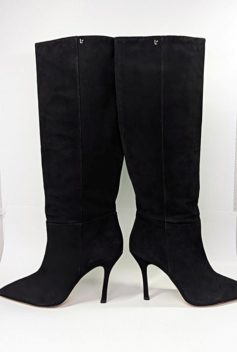 Larroude Kate Heels Boots Black Suede Knee High Stiletto Size 9 (MSRP $525)