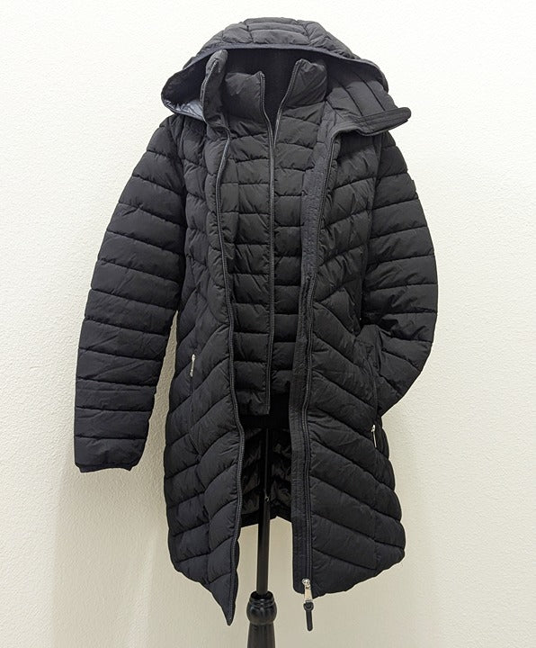DKNY Women's Black Bibbed Hooded Lightweight Puffer Coat Size L (MSRP $285)