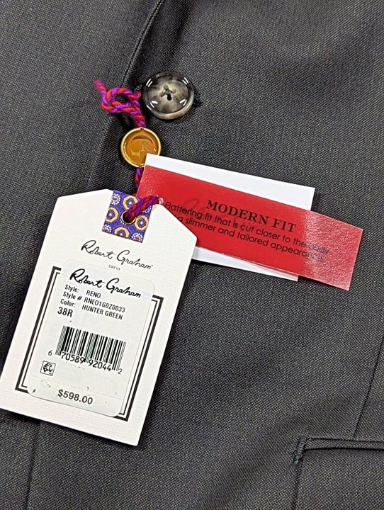 Robert Graham Modern Fit Sharkskin Hunter Green Suit Size 38R (MSRP $598)
