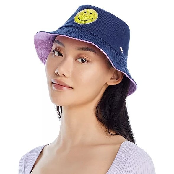 Jocelyn Women's Sequined Smiley Patch Bucket Hat in Navy O/S (MSRP $65)