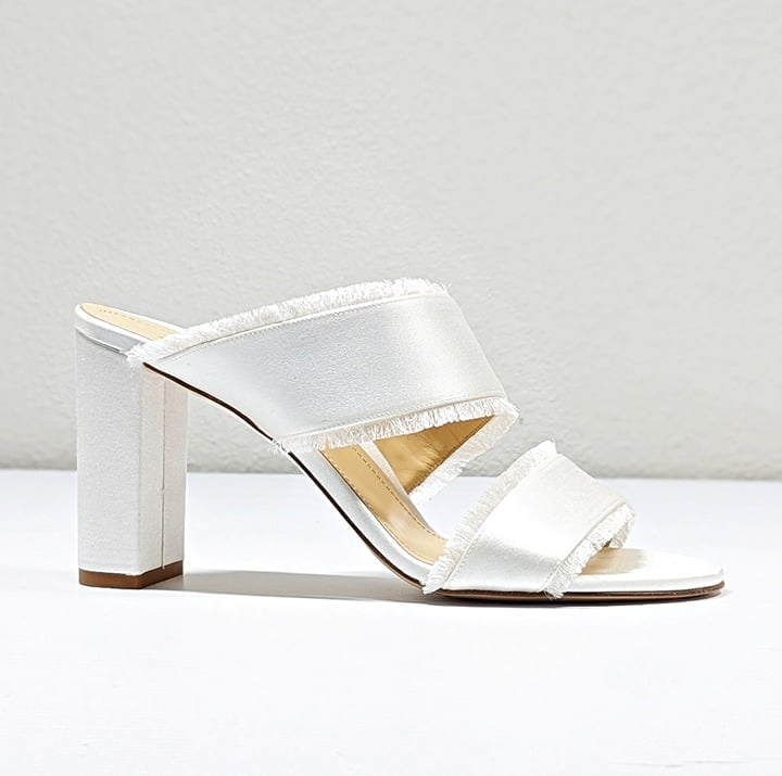 Marion Parke Cecilia Women's White Satin Fringe Heel Sandals Size 40 (MSRP $575)