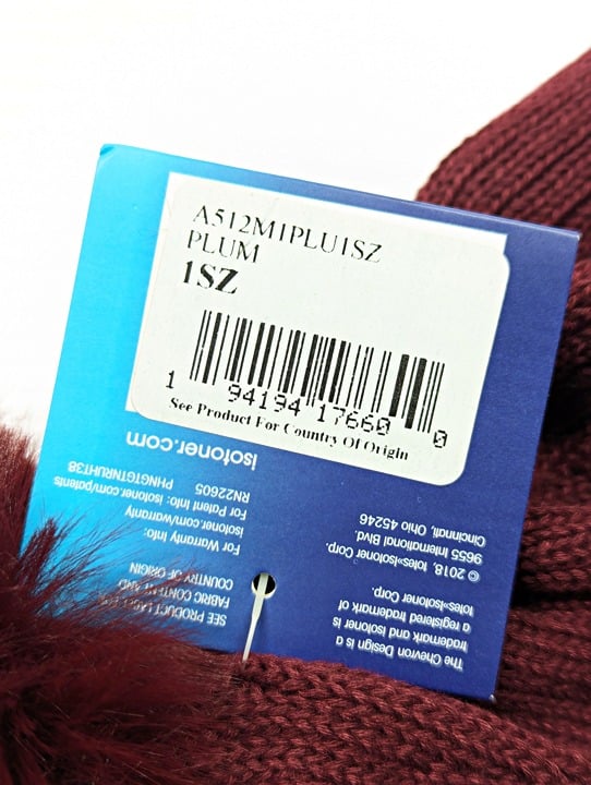 Isotoner Signature Women's Plum Reflective Stripe Pom Beanie O/S (MSRP $36)