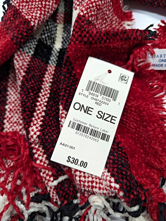 Charter Club Women's Red Chenille Plaid Scarf O/S (MSRP $30)