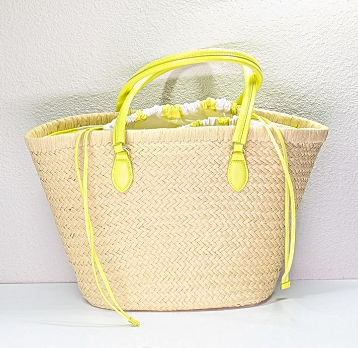 On 34th Isabellaa Women's Straw Medium Drawstring Tote Lime Stripe (MSRP $130)